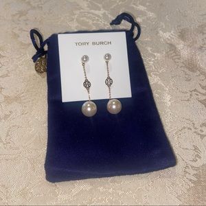 Tory Burch pearl and logo drop earrings